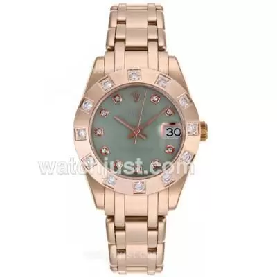 Rolex Masterpiece Automatic Movement Full Rose Gold Diamond Marking With Green Mop Dial Mid Size