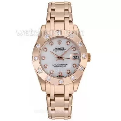 Rolex Masterpiece Automatic Movement Full Rose Gold Diamond Marking With White Mop Dial Mid Size