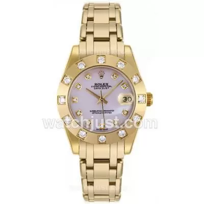 Rolex Masterpiece Automatic Movement Full Gold Diamond Bezel And Markers With Pink Mop Dial Mid Size