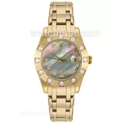 Rolex Masterpiece Automatic Movement Full Gold Diamond Bezel And Markers With Green Mop Dial Mid Size