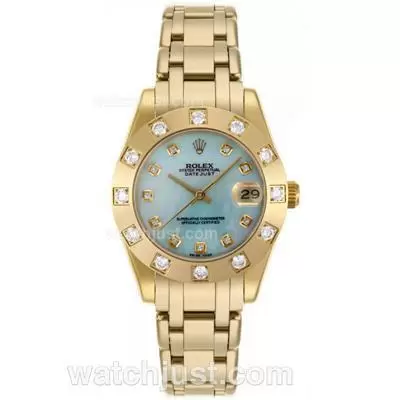 Rolex Masterpiece Automatic Movement Full Gold Diamond Bezel And Markers With Blue Mop Dial Mid Size