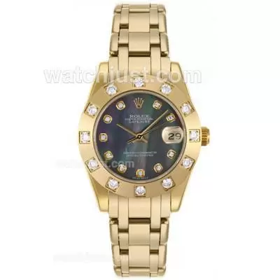 Rolex Masterpiece Automatic Movement Full Gold Diamond Bezel And Markers With Black Mop Dial Mid Size