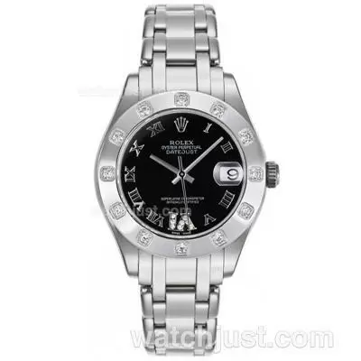 Rolex Masterpiece Automatic Movement Diamond Bezel Roman Markers With Black Dial Mid Size