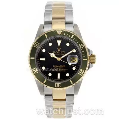 Rolex Submariner Automatic Movement 14k Wrapped Gold Two Tone Case Green Bezel With Black Dial