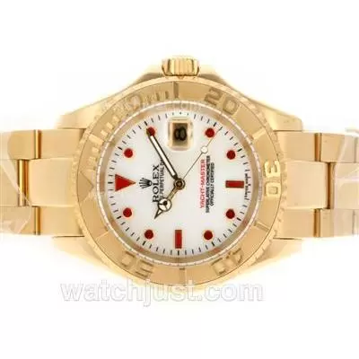 Rolex Yacht Master Automatic Movement Full Gold Red Diamond Markers With White Dial