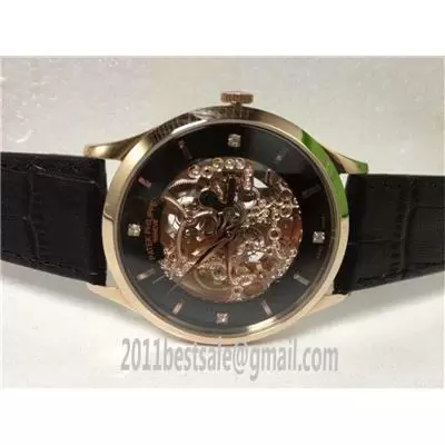 Patek Philippe Skeleton Rose Gold Case Black Bezel