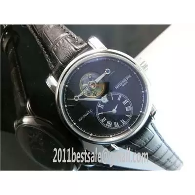 Patek Philippe Tourbillon Design Black Dial Leather Strap