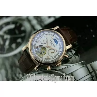 Patek Philippe Skeleton Dial Four Sub Dials Black Leather Strap