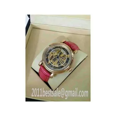 Patek Philippe Skeleton Dial Black Dial Pink Leather Strap