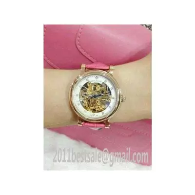 Patek Philippe Skeleton Dial White Bezel Pink Leather Strap