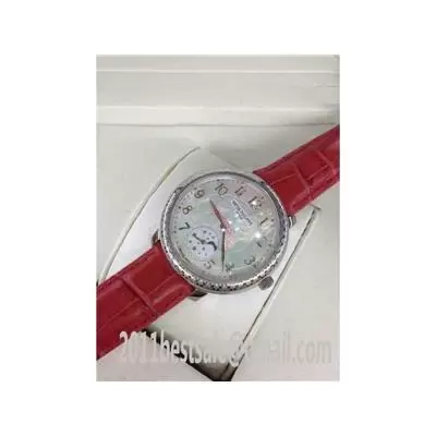 Patek Philippe Calatrava White Shell Dial Red Leather Strap