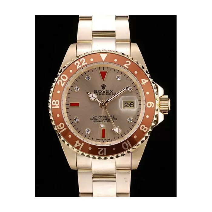 Swiss Rolex Gmt Master Ii Gold Colored Ceramic Bezel Gold Dial Tachymeter Best Luxury Watches