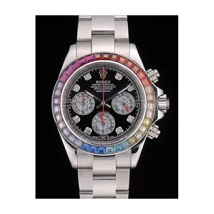 Swiss Rolex Daytona Cosmograph Rainbow Crystals Bezel Stainless Steep Strap Black Dial Best Luxury Watches