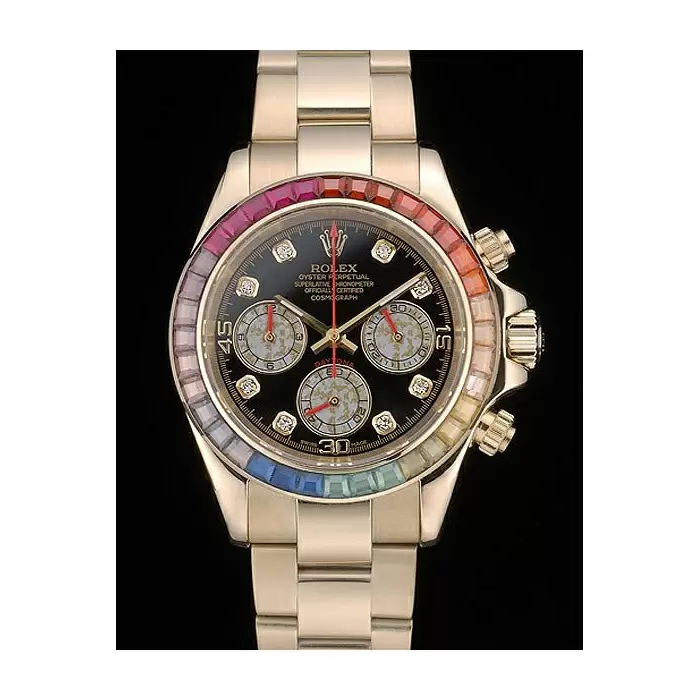 Swiss Rolex Daytona Cosmograph Rainbow Crystals Bezel Rose Gold Strap Black Dial Best Luxury Watches