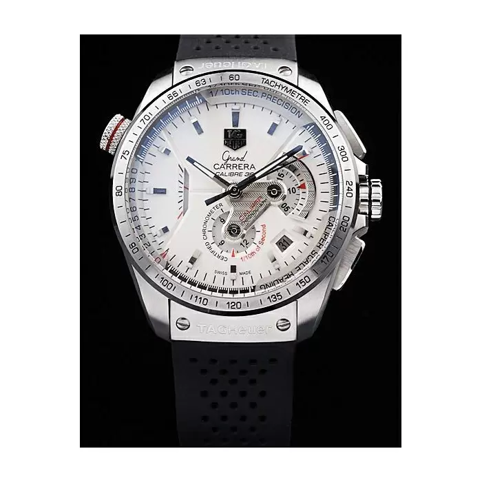 Swiss Swiss Tag Heuer Carrera Tachymeter Bezel Black Perforated Rubber Strap White Dial Best Luxury Watches