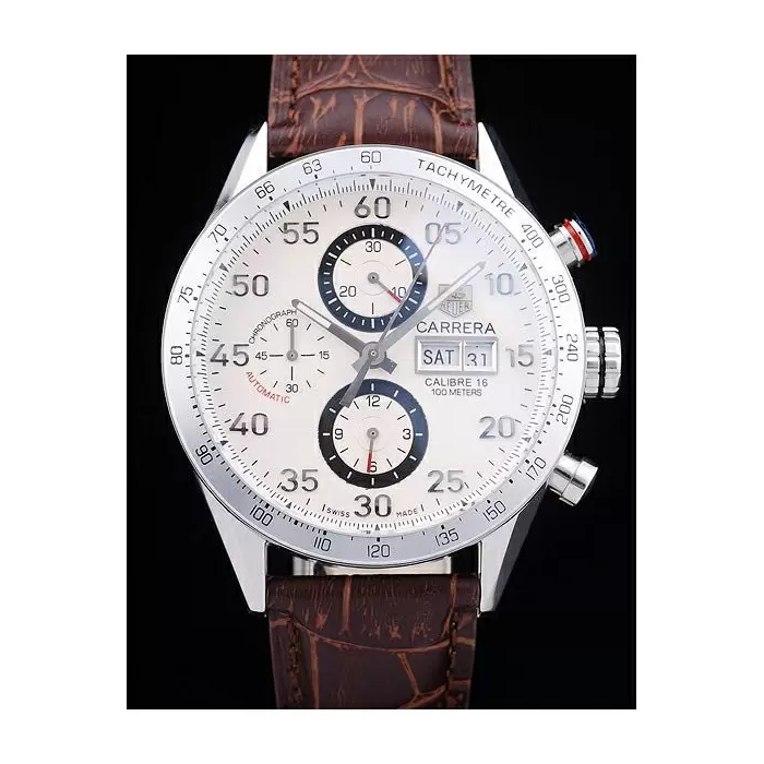 Swiss Tag Heuer Carrera Tachymeter Bezel Dark Brown Leather Strap White Dial Best Luxury Watches