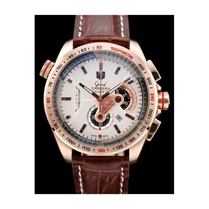 Swiss Tag Heuer Carrera Rose Gold Case White Dial Brown Leather Strap Best Luxury Watches