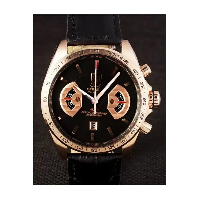 Swiss Tag Heuer Carrera Rose Gold Case Black Dial Black Leather Strap Best Luxury Watches