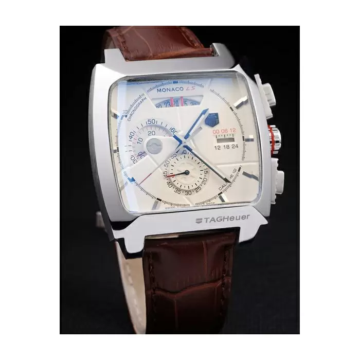 Swiss Tag Heuer Monaco Brushed Stainless Steel Case White Dial Brown Leather Strap Best Luxury Watches