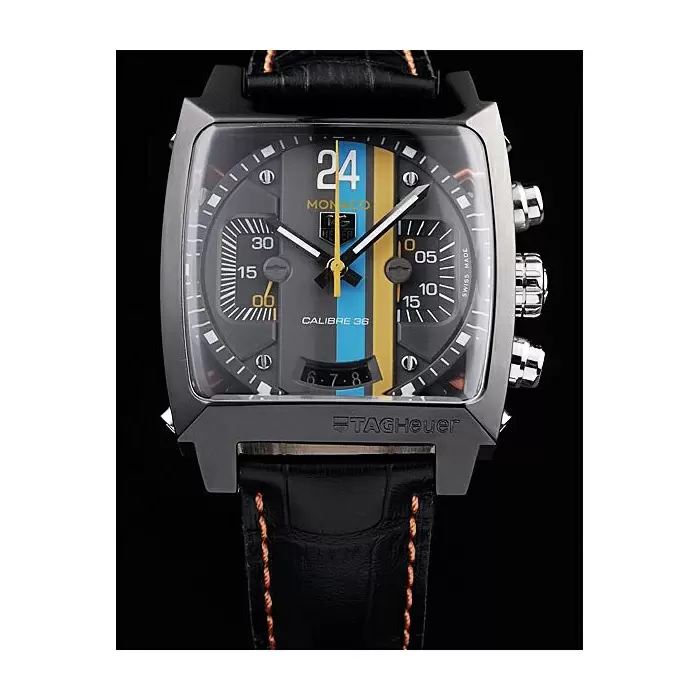 Swiss Tag Heuer Monaco Swiss Black Leather Strap Blue Yellow Striped Black Dial Best Luxury Watches