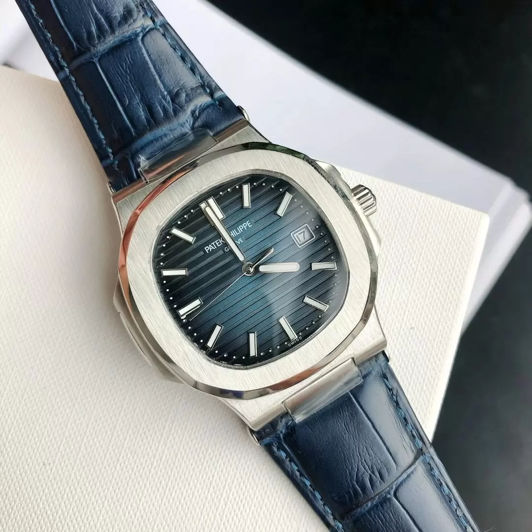 Swiss Patek Philippe Blue Dial Brushed Stainless Steel Case Black Leather Strap