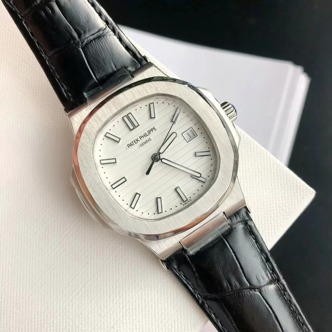 Swiss Patek Philippe White Dial Brushed Stainless Steel Case Black Leather Strap