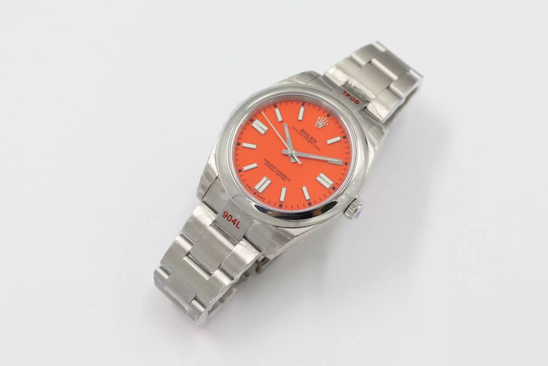 Swiss Rolex Oyster Perpetual Orange Dial Stainless Steel Case And Bracelet