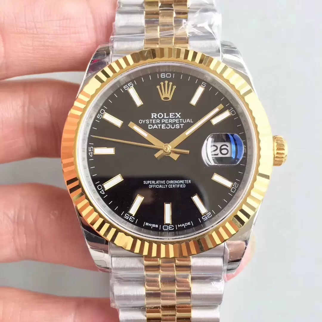 Swiss Rolex Datejust Two Tone Stick Markers With Black Dial