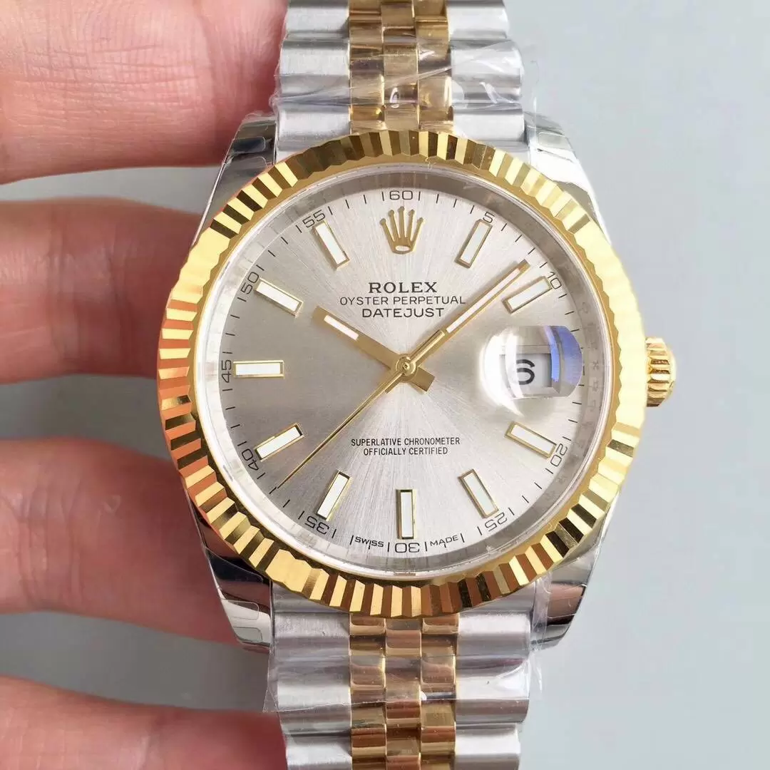 Swiss Rolex Datejust Two Tone Stick Markers With Silver Dial