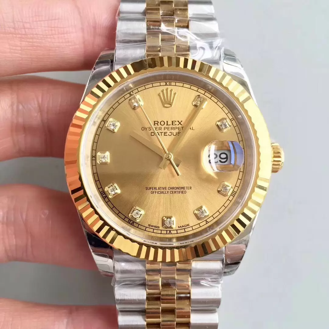 Swiss Rolex Datejust Gold Dial Stainless Steel Case Gold Bezel Two Tone Bracelet