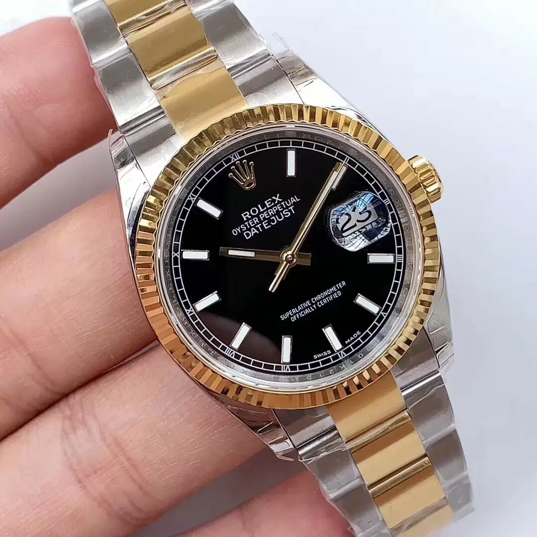 Swiss Rolex Datejust Black Dial Stainless Steel Case Gold Bezel Two Tone Bracelet