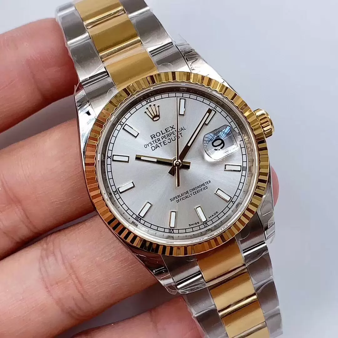 Swiss Rolex Datejust Siver Dial Stainless Steel Case Gold Bezel Two Tone Bracelet