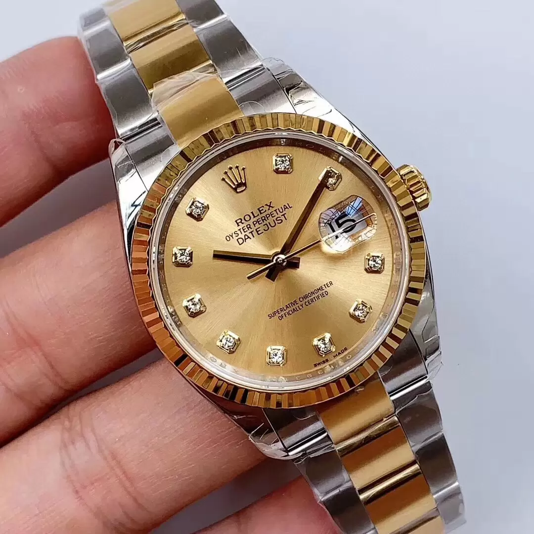 Swiss Rolex Datejust Gold Dial Stainless Steel Case Gold Bezel Two Tone Bracelet