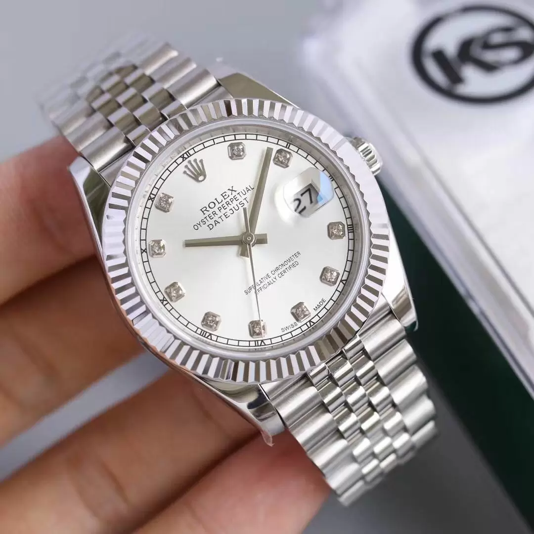 Swiss Rolex Datejust Stainless Steel Ribbed Bezel Silver Dial